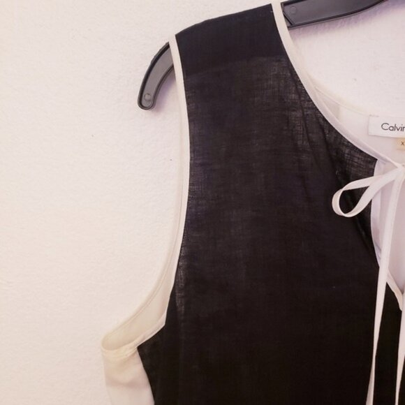Calvin Klein Black/White Sheer Linen Mixed Media Sleeveless Top w/Tie Sz XL EUC - Picture 6 of 8